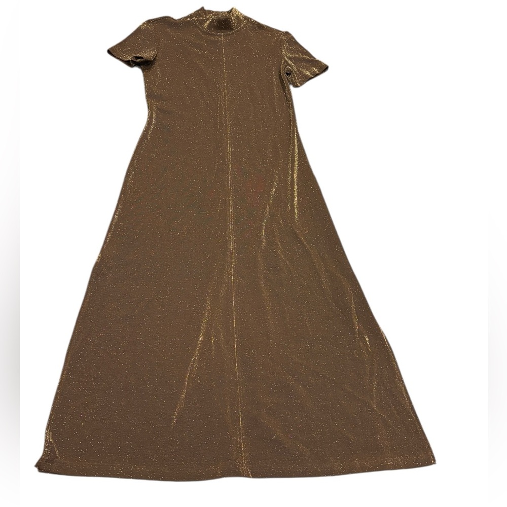 Vintage Elegant chocolate Brown metallic gold Maxi Dress mock neck side slit